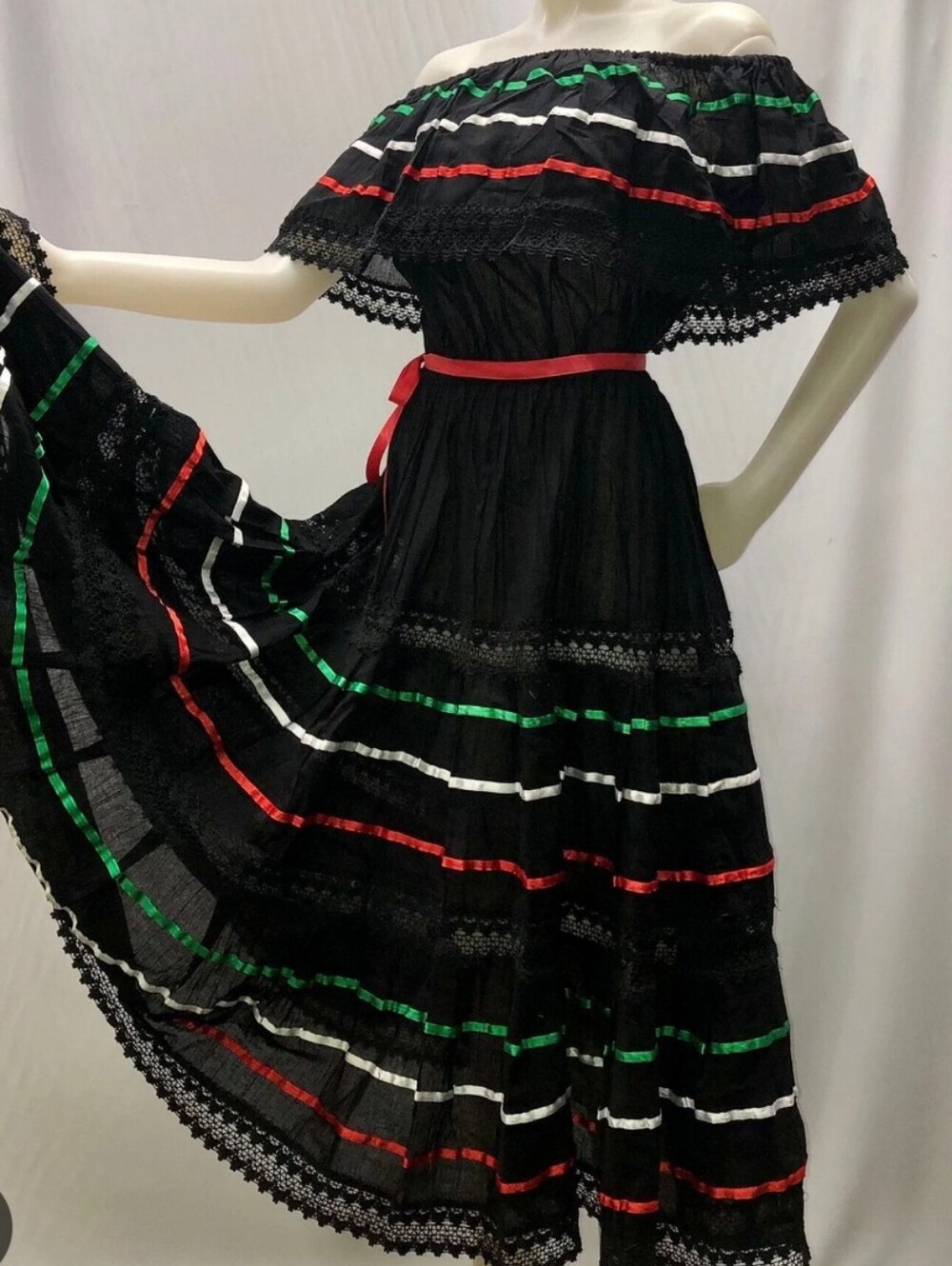Vintage Mexican Off Shoulder Peasant Dress Black Lace Trim Fiesta CH Small